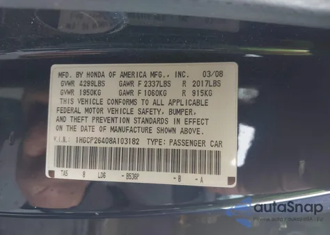 2008 Honda Accord 2.4 Lx-P from USA, damaged, VIN 1HGCP26408A103182